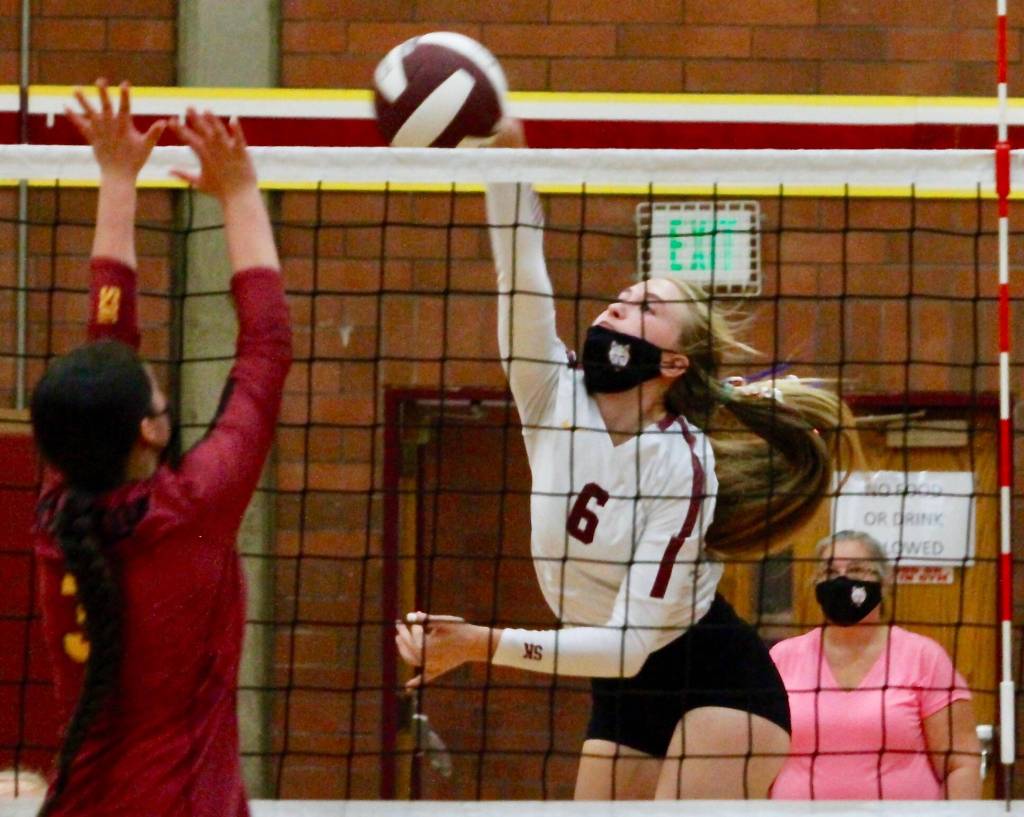 Jessica Berntson was one of South Kitsaps top hitters against Kingston, consistently putting shots away in the five-set victory.