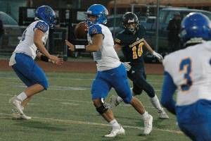 Bremerton quarterback Josh Tapangco threw a pair of touchdown passes in his teams 32-0 win over Bainbridge on Friday night. (Mark Krulish/Kitsap News Group)
