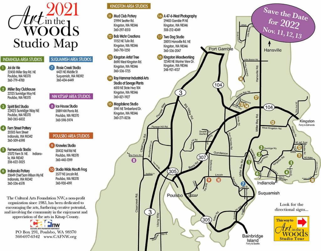 A map showing all of the venues for the Art in the Woods studio tour.