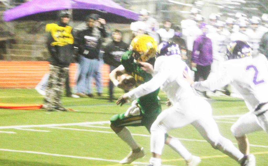 Zeke Harris (4) and Colton Bower (2) try to tackle Lion quarterback Kaeden Hermanuitz (15), but he scored anyway.