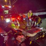 Crew members from South Kitsap Fire and Rescue come to the aid of a driver whose vehicle left the Southworth Drive roadway and entered the frigid waters of Puget Sound. The driver was taken to St. Anthony Hospital in Gig Harbor, according to SKFR officials. (SKFR photos)