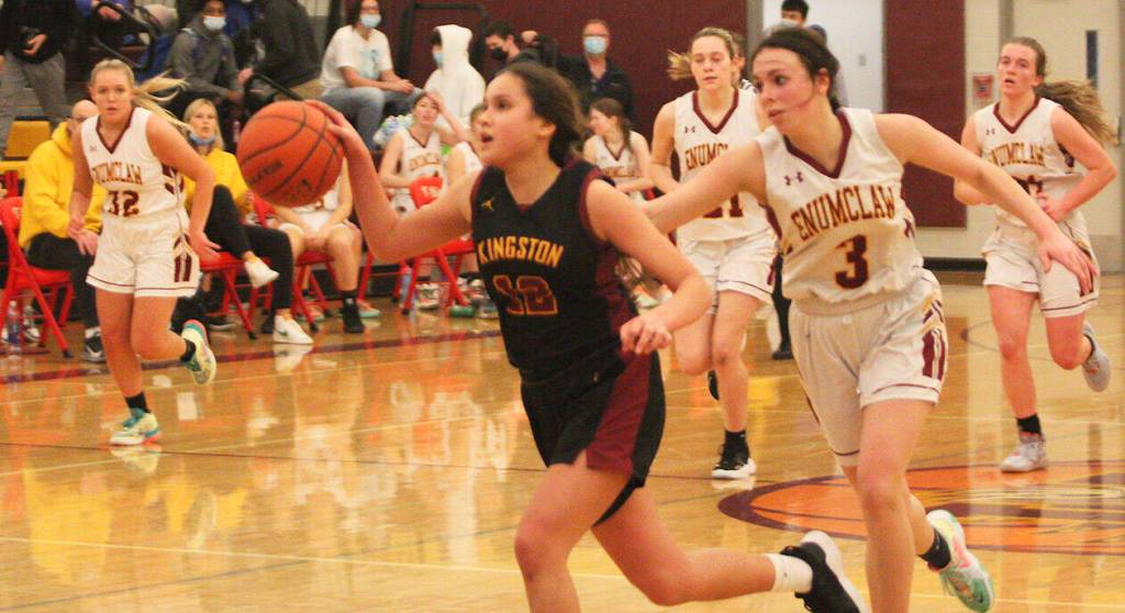Brianna Jorgensen races to the basket on the Kingston fastbreak.