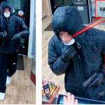 A masked robber holds up a clerk at a cannabis shop in Lacey, as shown by a surveillance camera. (courtesy of The Olympian)