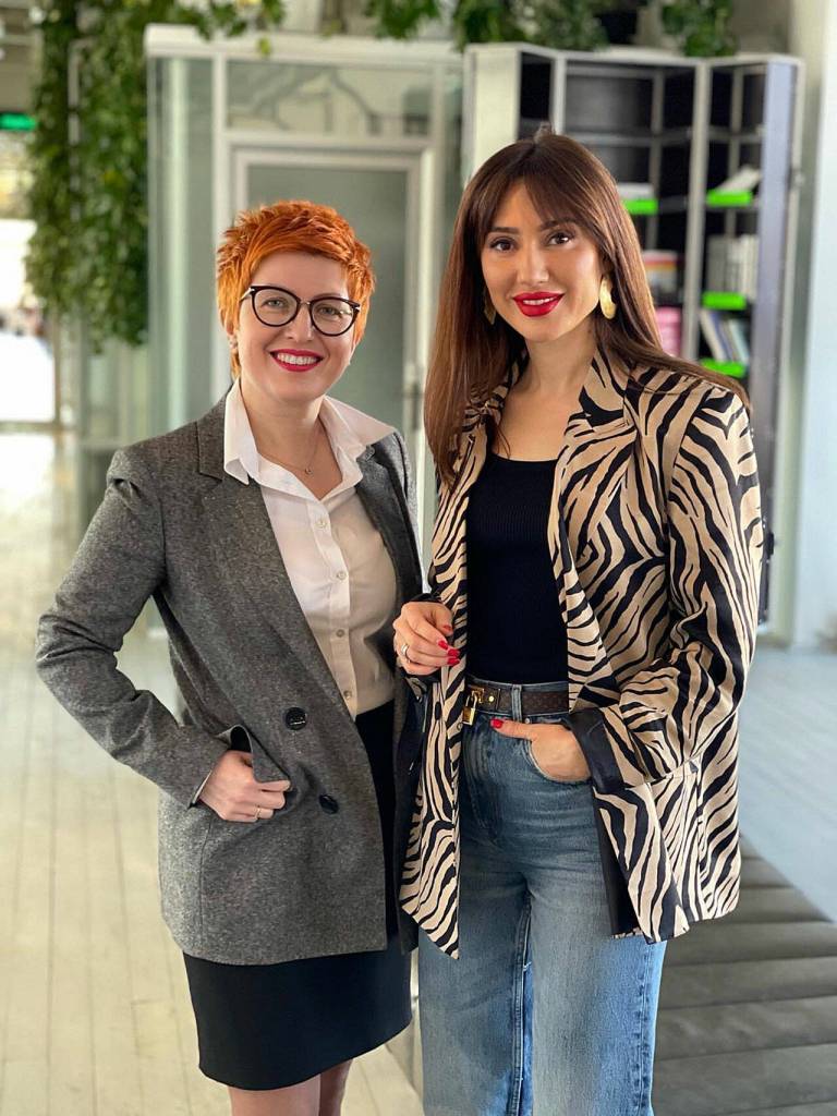 Dasha Kusherets (right) with a colleague at the University of Artificial Intelligence in Kyiv, Ukraine, before the war. (Courtesy of Daria Kusherets)