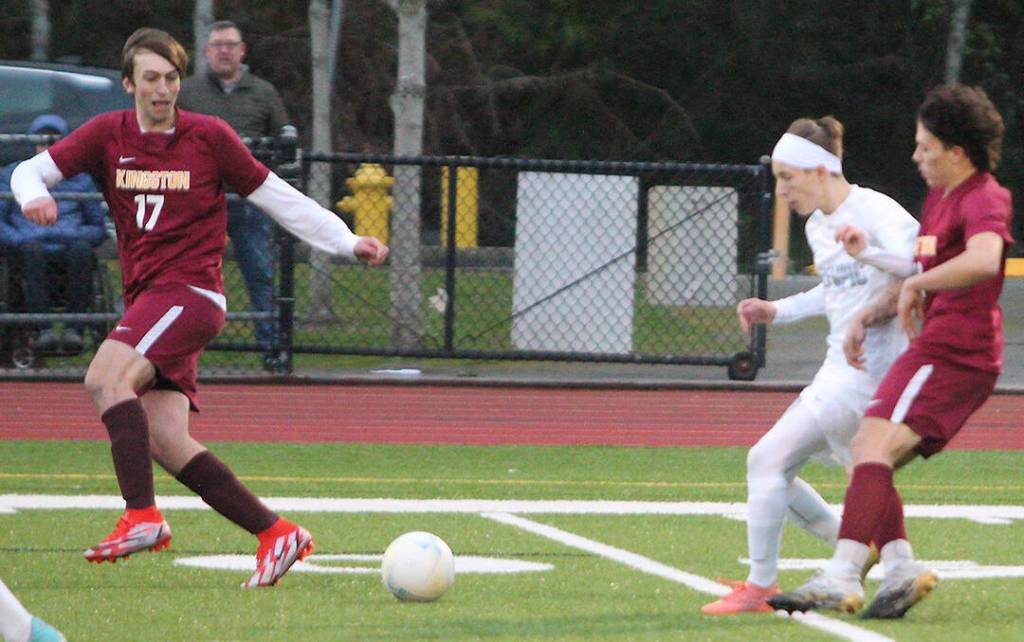 Eric Steel gets ready for the pass from Kaden Schaefer in Kingstons game against Olympic.