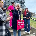Denise Frey, a Bremerton City Council member, spoke passionately at a reproductive rights rally on Friday about her decision to obtain an abortion in 1978. (Bob Smith | Kitsap News Group)