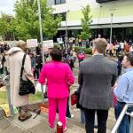 A crowd of about 100 people attends a reproductive rights rally on Friday in front of the Norm Dicks Government Building in Bremerton. (Bob Smith | Kitsap News Group)