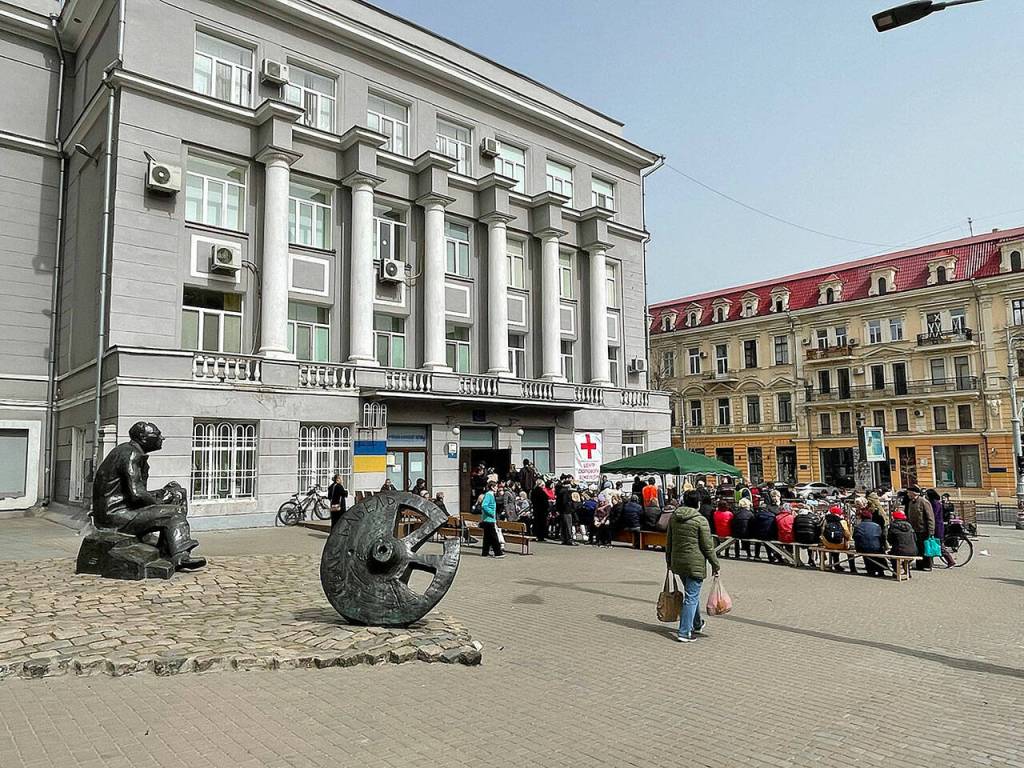 Displaced people line up outside a refugee center in Odesa. (Courtesy photo)