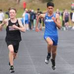 Vikings Luke Ryan and Natheng Toney race to the finish line of the 100 meters at a recent track meet. Steve Powell/File photos