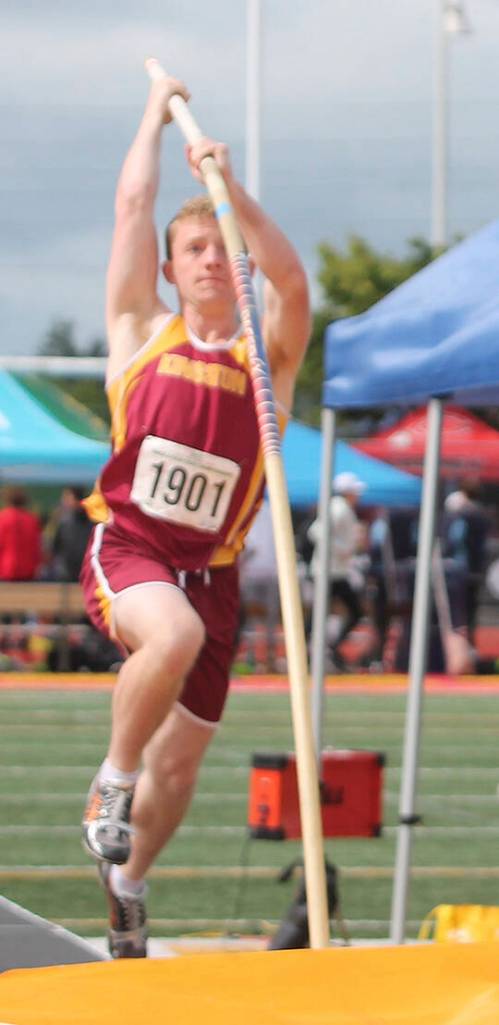 Joseph Jafek-Irigaray of Kingston plants the pole for one of his vaults at the state meet in Tacoma.