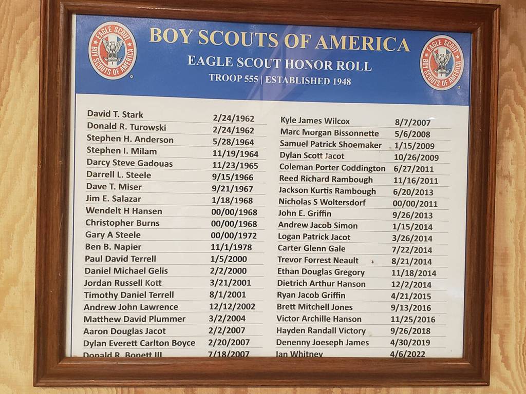 A plaque with the names of all the Eagle Scouts in the history of Troop 555.