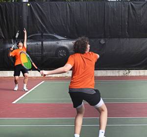 Central Kitsaps Kai Junior and Marcus Brotsky secured wins over Timberline in their singles matches. Nicholas Zeller-Singh/Kitsap News Group Photos