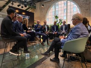 Gov. Jay Inslee and staff engage in a roundtable discussion with corporate and government leaders driving Swedens green industrial and aviation transitions. Courtesy Photos