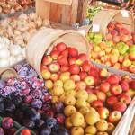Fresh fruits and vegetables are on display.