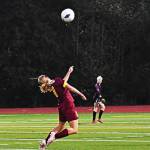 Kaye Lanfear looks to control the long pass from her goalie Kalli Lloyd. Nicholas Zeller-Singh/Kitsap News Group Photos