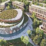 An aerial view of the concert hall and the entire development.