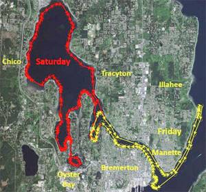 The routes of the lighted boat parades.