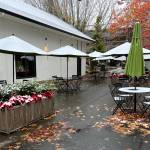 Market umbrellas covered with a blanket of snow.