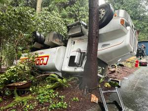 A fuel tank truck rolled over off of Sandy Hook Road near Suquamish Jan. 12, resulting in minor injuries to the driver, and no leakage of the 2,200 gallons of heating fuel. Crews from the Poulsbo Fire Department and North Kitsap Fire & Rescue responded. Due to the complexity of the incident, limited access and potential for environmental impact, multiple local and state agencies are working to develop a plan for safe offload and recovery of the fuel and vehicle, PFDs Facebook page says. Courtesy Photo