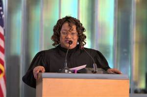 Bremerton Municipal Court Judge Tracy Flood addresses the crowd. Elisha Meyer/Kitsap News Group