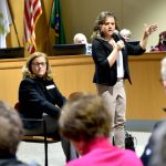 District 23 state legislator Rep. Tarra Simmons answers questions with Sen. Christine Rolfes during a Town Hall meeting with Bainbridge Island residents at City Hall March 11.