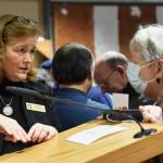 State Sen. Christine Rolfes speaks with a constituent after the Town Hall meeting. Nancy Treder/Kitsap News Group photos