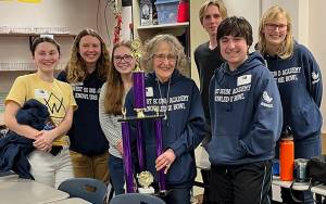 Lucy Schmitt, Zia Magill, Mia Lowell, coach Susan Trower, Noah Holly, Andrew Corbo and Nadia Fisch. WSA Courtesy Photo