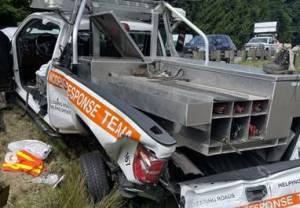 A vehicle damaged while responding to a road incident. State Patrol courtesy photo