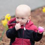 A little egg hunter holds up a pink egg to show off.