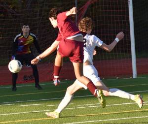 Telmo Buxens-Astorqui shoots the ball at Steilacooms goalie. Nicholas Zeller-Singh/Kitsap News Group Photos