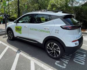 New electric vehicle carshare car at an EV chargling station at City Hall. COBI courtesy photo