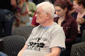 James Bromley wears a version of the controversial, There are only two genders, t-shirt to the board meeting. Elisha Meyer/Kitsap News Group Photos