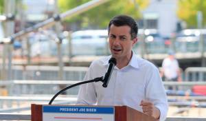 U.S. Secretary of Transportation Pete Buttigieg delivers remarks to a sizable crowd in Port Orchard. Elisha Meyer/Kitsap News Group Photos