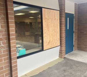 A window outside a third-grade classroom at Manchester Elementary is boarded up after it was shattered in the break-in. Elisha Meyer/Kitsap News Group Photos