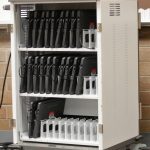 The doors are off this Chromebook holding container after they were removed by the culprit(s).