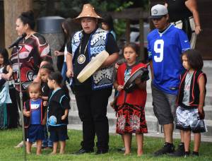 Nicholas Zeller-Singh/Kitsap News Group Photos
Several local tribes share their songs and dances Friday during coastal sharing at Chief Seattle Days in Suquamish, which runs through the weekend.