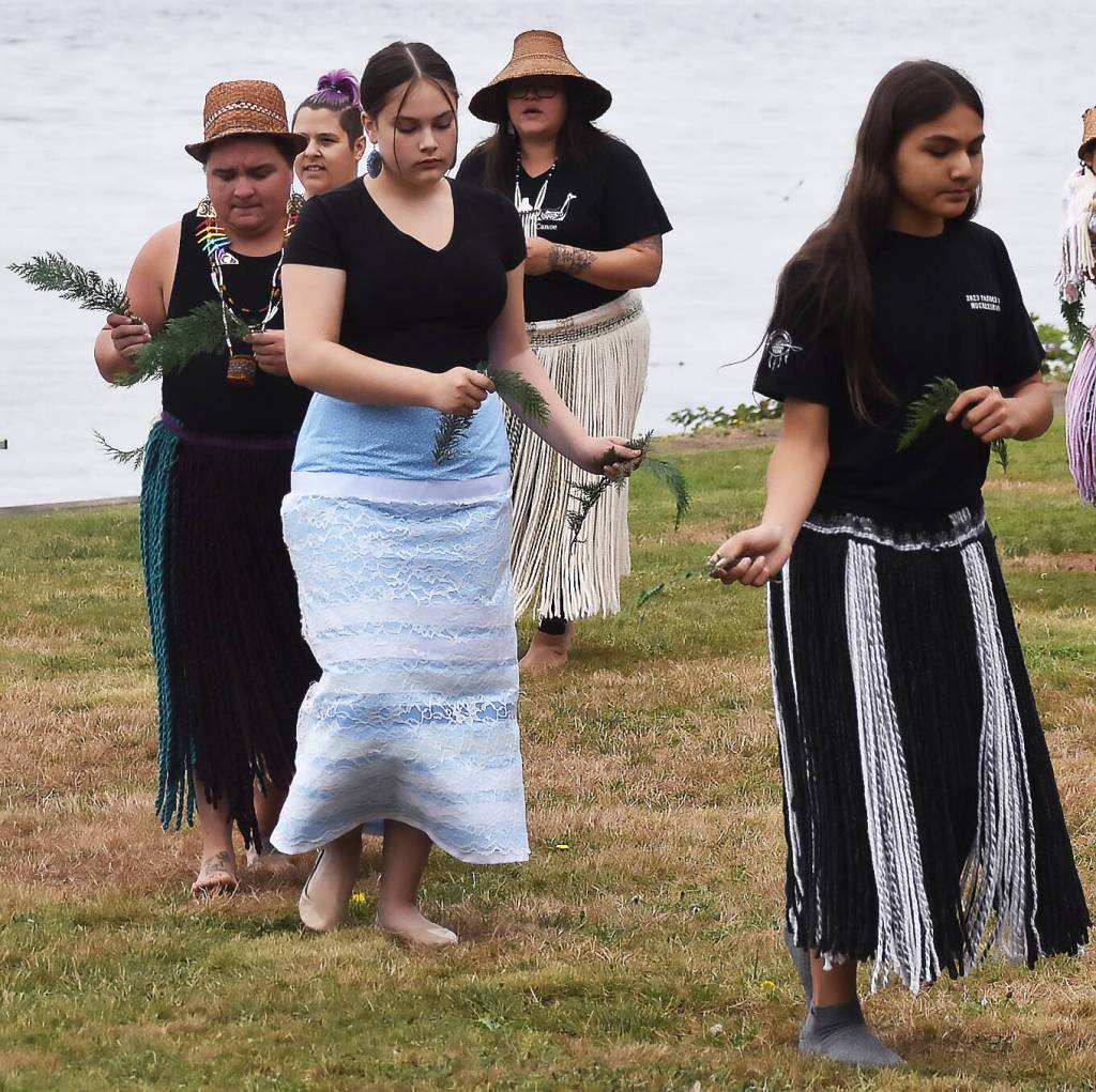 Some of the Suquamish women dance near the water during coastal sharing.