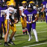 Nicholas Zeller-Singh/Kitsap News Group Photos
Viking Ben Gomez flexes his muscles after a big tackle.