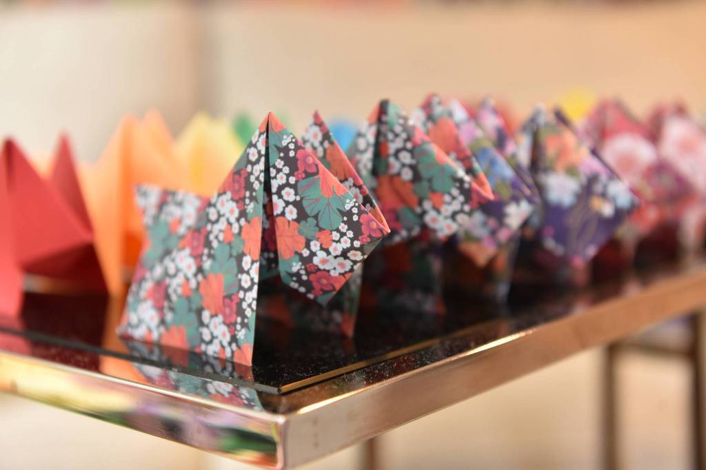 Ezra made 1,650 origami dogs from different patterns of paper.