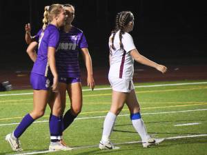 Nicholas Zeller-Singh/Kitsap News Group Photos
Vikings Evelyn Beers and Syleena Hogan celebrate after scoring a goal.