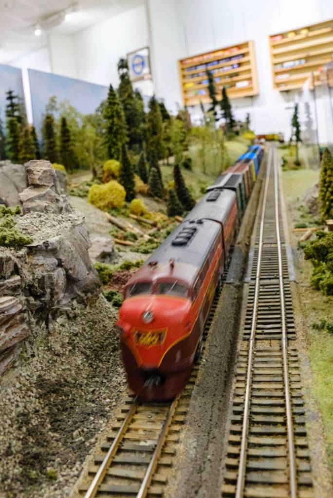A model train zooms down one of the tracks.