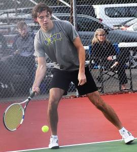 Nicholas Zeller-Singh/Kitsap News Group Photos
Viking Owen Wilkinson finishes third in the doubles division with Grady DeVries at the league championships.