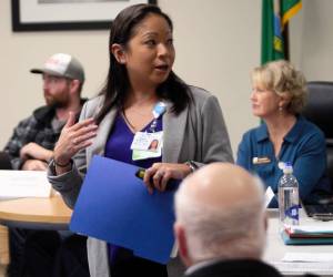 Elisha Meyer/Kitsap News Group
Chief nursing officer Rosalie Apalisok speaks before the Central Kitsap Community Council about steps taken to listen better to the problems of patients and hospital staff.