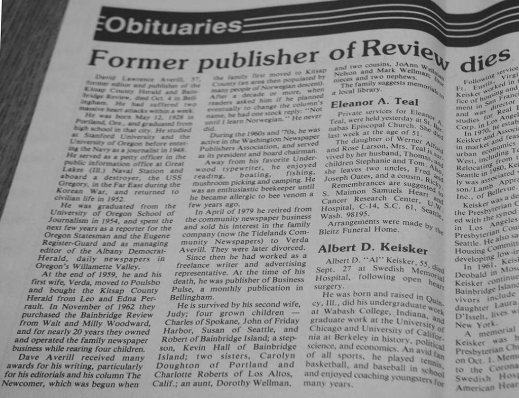 David Averills obit appeared in the Review even though he had moved away.