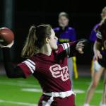 Elisha Meyer/Kitsap News Group photos
Emma Schwampe of the Wolves hurls a deep throw to the end zone in the second half.
