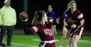 Elisha Meyer/Kitsap News Group photos
Emma Schwampe of the Wolves hurls a deep throw to the end zone in the second half.