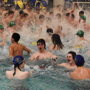 Nicholas Zeller-Singh/Kitsap News Group Photos
Swimmers celebrate the first Olympic League Championship at NK Community Pool.