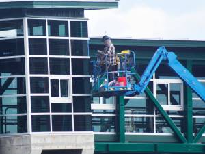 Steve Powell/Kitsap News Group photos
As work finishes up on the new Bainbridge overhead walkway last week, the city is encouraging federal funding for electrification of the terminal.