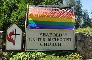Church courtesy photo
The Pride flag is displayed in front of the Seabold church near Highway 305.