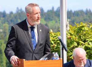 Elisha Meyer/Kitsap News Group photos
Port Orchard police chief Matt Brown speaks to a small group of fellow officers and families during the Law Enforcement Memorial Day ceremony.